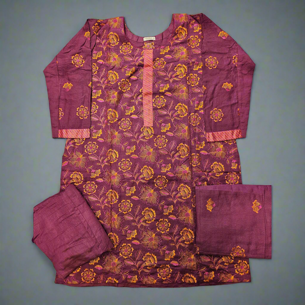Royal Harvest: Plum Magenta & Orange Bareeze Embroidered Dhanak Suit (Small-7XL)