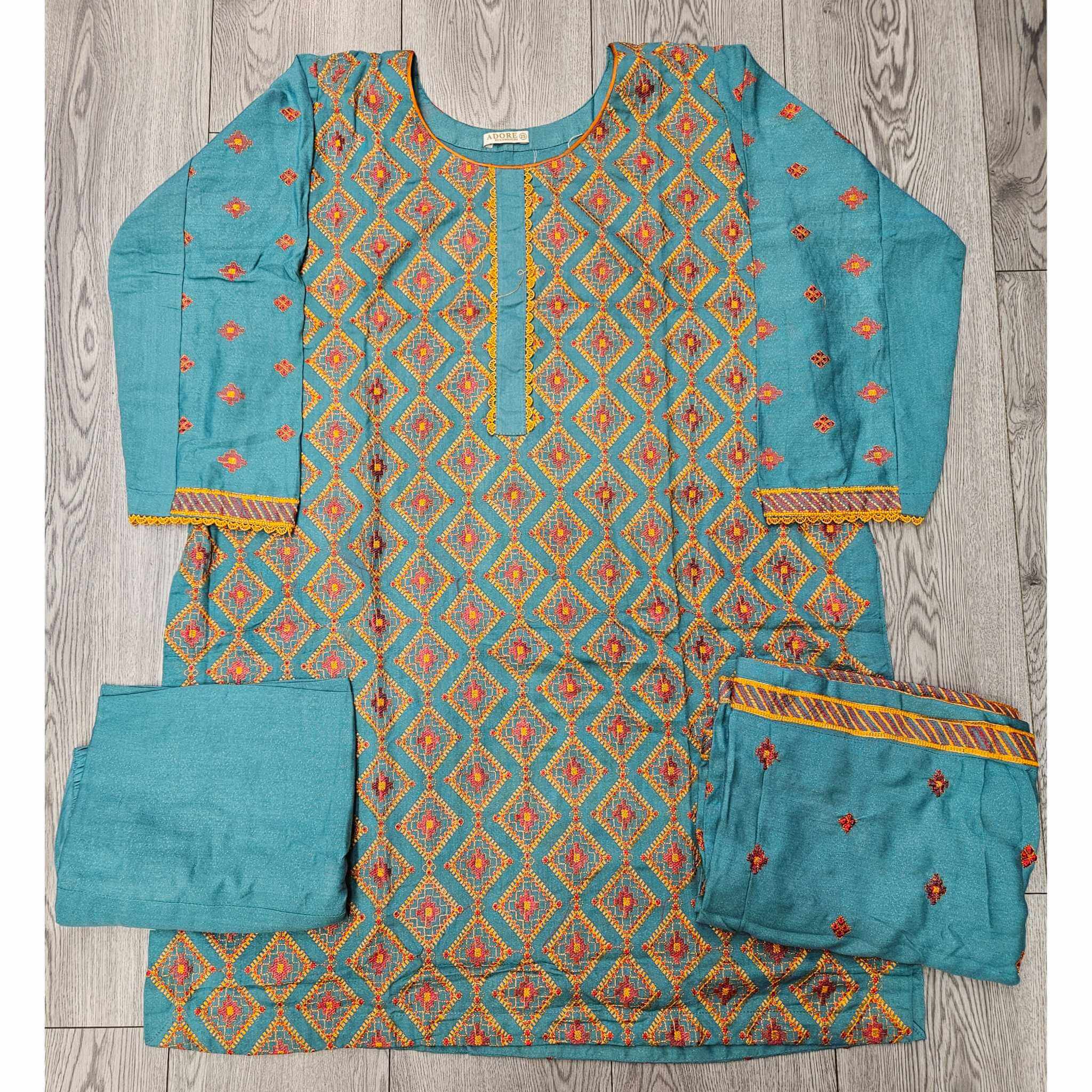 Azure Flame: Turquoise Blue & Orange Bareeze Embroidered Dhanak Suit (Small-7XL)