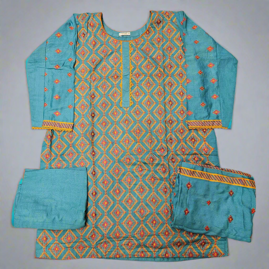 Azure Flame: Turquoise Blue & Orange Bareeze Embroidered Dhanak Suit (Small-7XL)