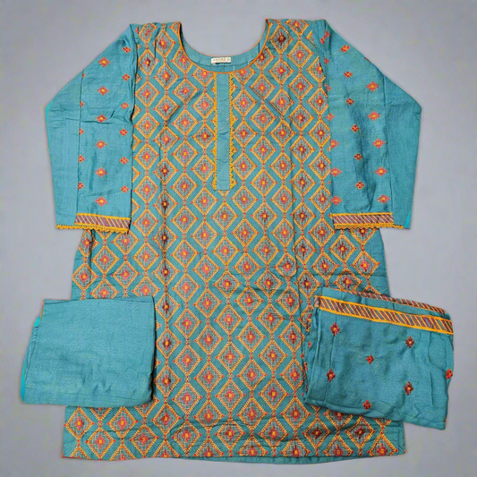 Azure Flame: Turquoise Blue & Orange Bareeze Embroidered Dhanak Suit (Small-7XL)