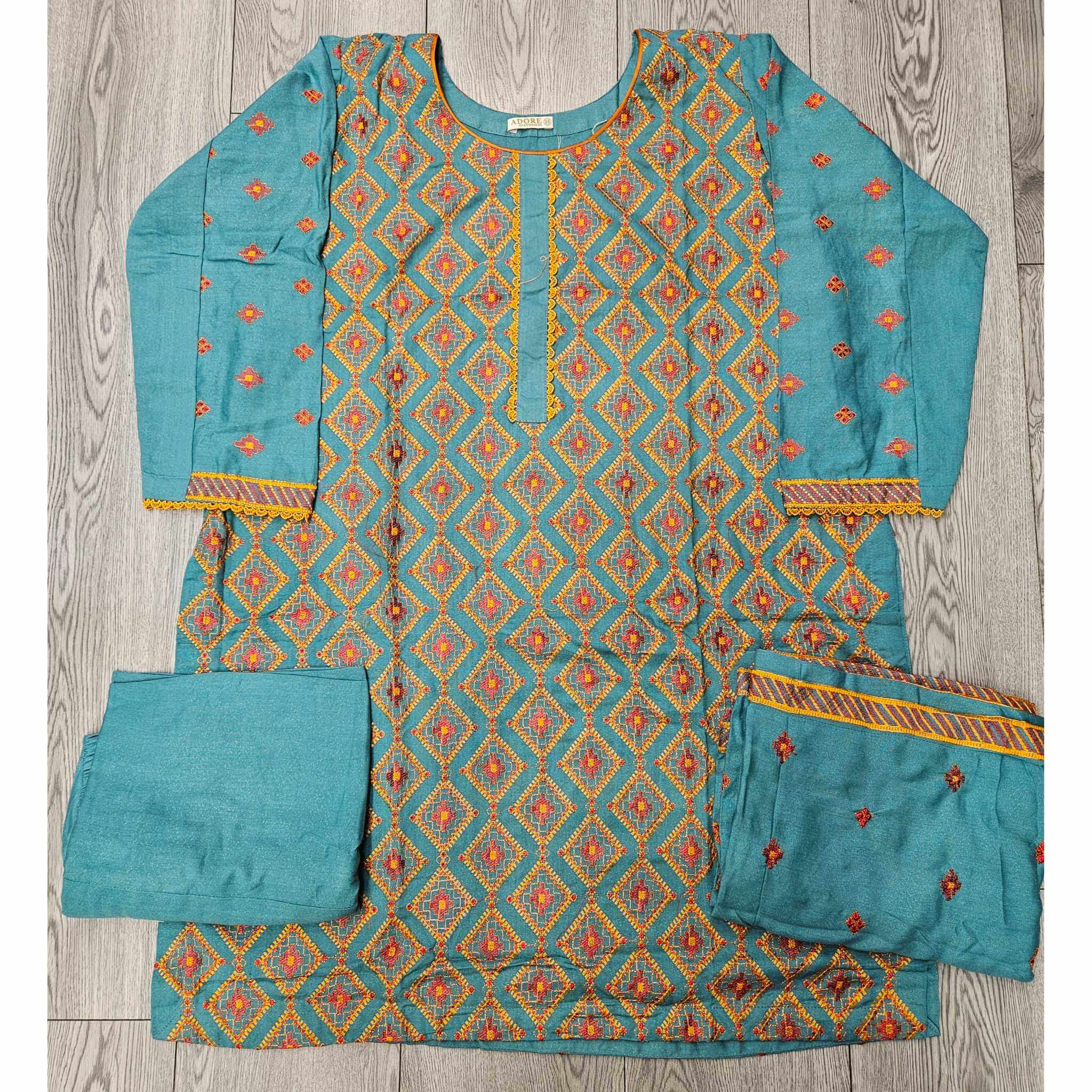 Azure Flame: Turquoise Blue & Orange Bareeze Embroidered Dhanak Suit (Small-7XL)