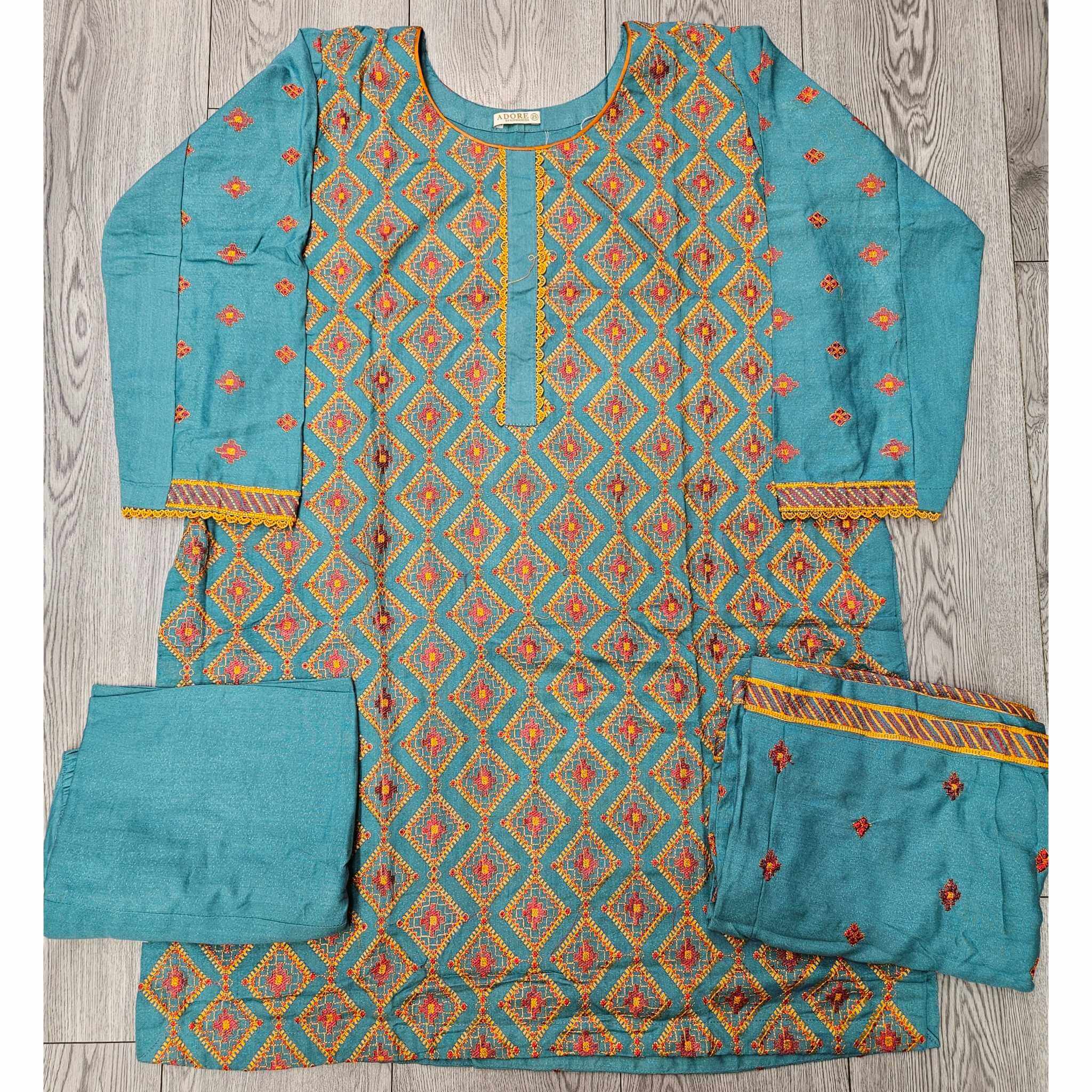 Azure Flame: Turquoise Blue & Orange Bareeze Embroidered Dhanak Suit (Small-7XL)