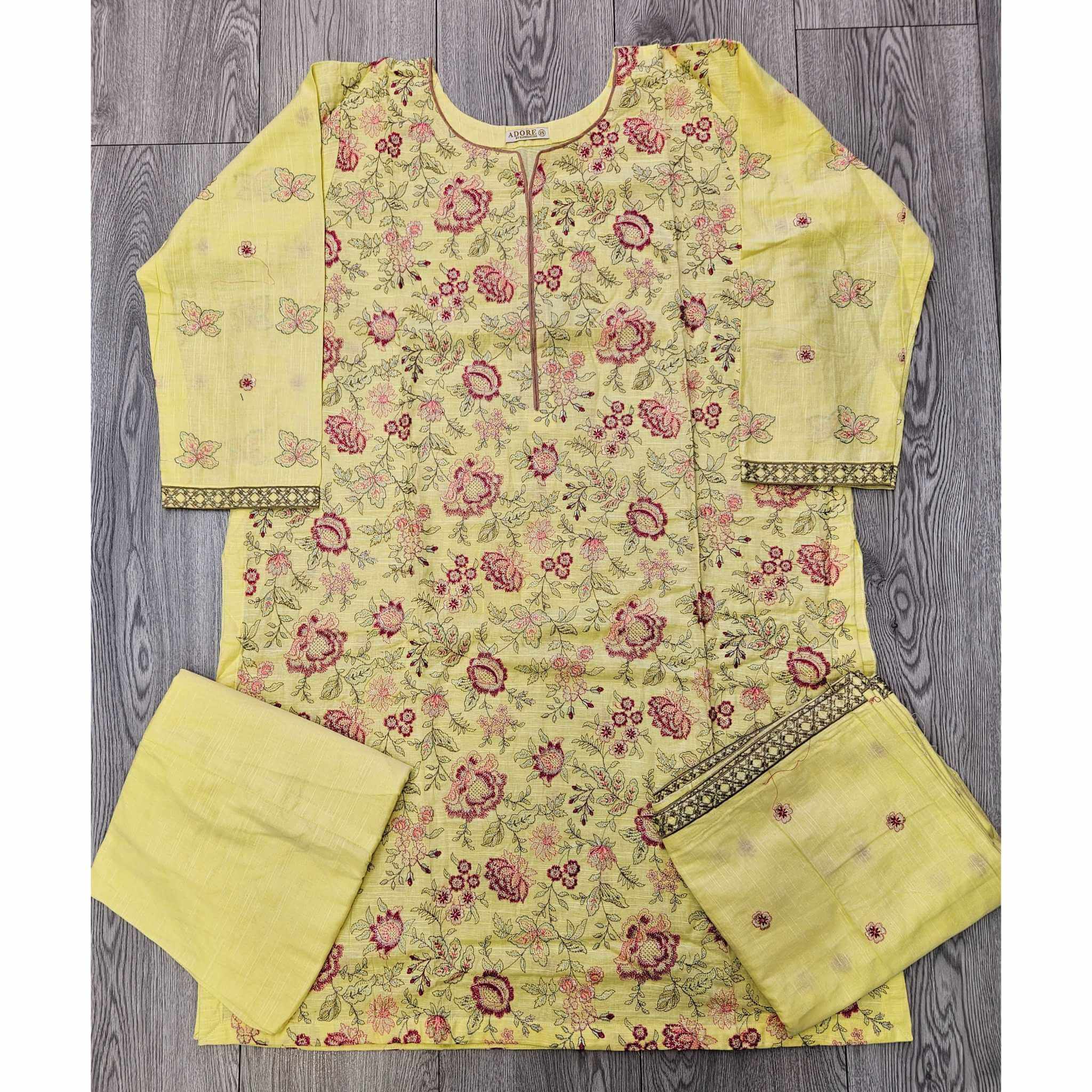 Sunny Blossom: Light Yellow & Pink Bareeze Embroidered Khaddar Suit (Small-7XL)