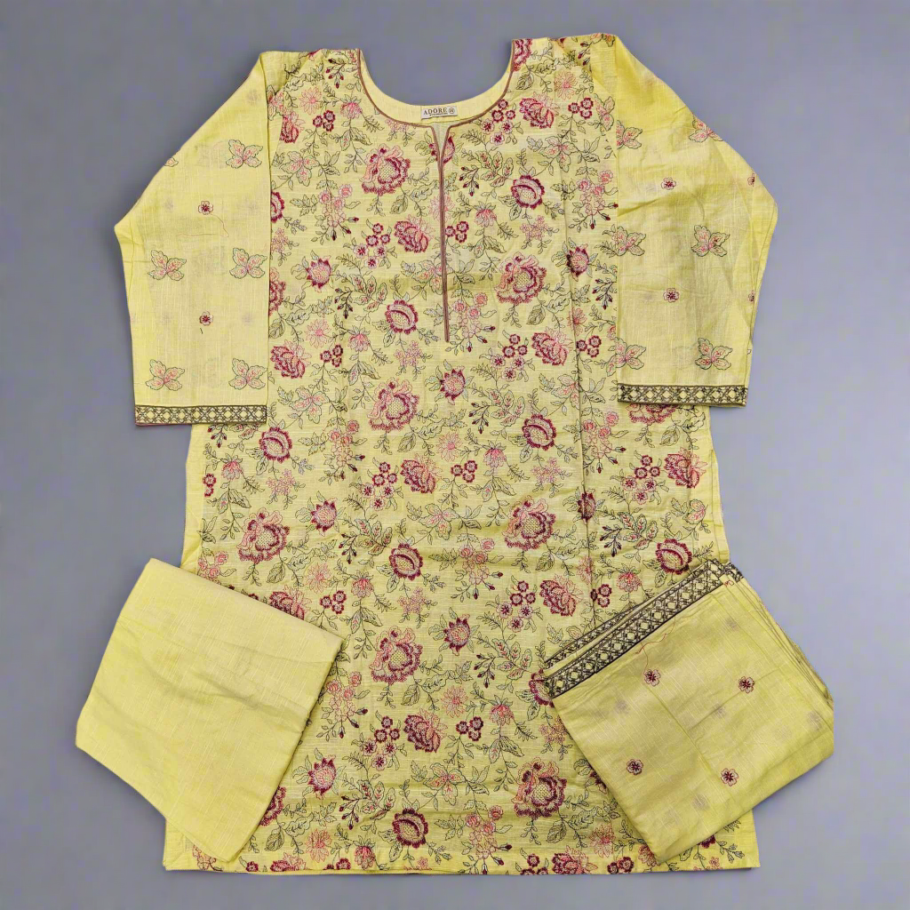 Sunny Blossom: Light Yellow & Pink Bareeze Embroidered Khaddar Suit (Small-7XL)