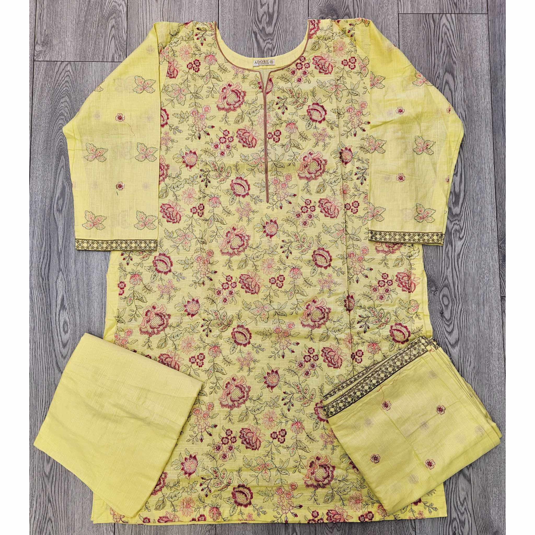 Sunny Blossom: Light Yellow & Pink Bareeze Embroidered Khaddar Suit (Small-7XL)