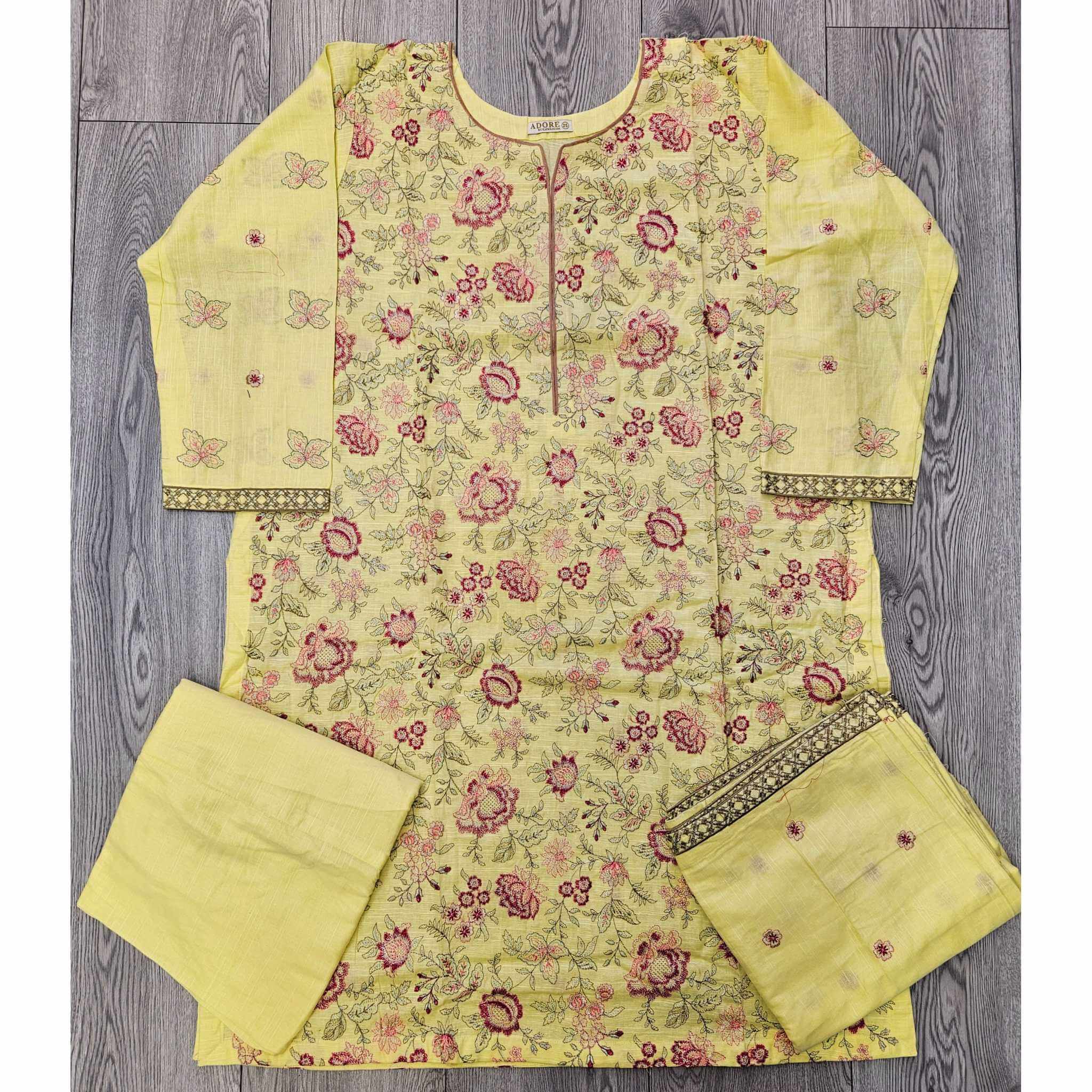 Sunny Blossom: Light Yellow & Pink Bareeze Embroidered Khaddar Suit (Small-7XL)