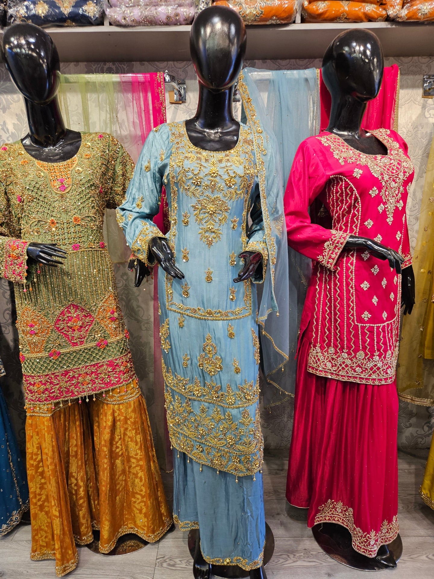 Pale teal and antique gold hand embroidered palazzo suit