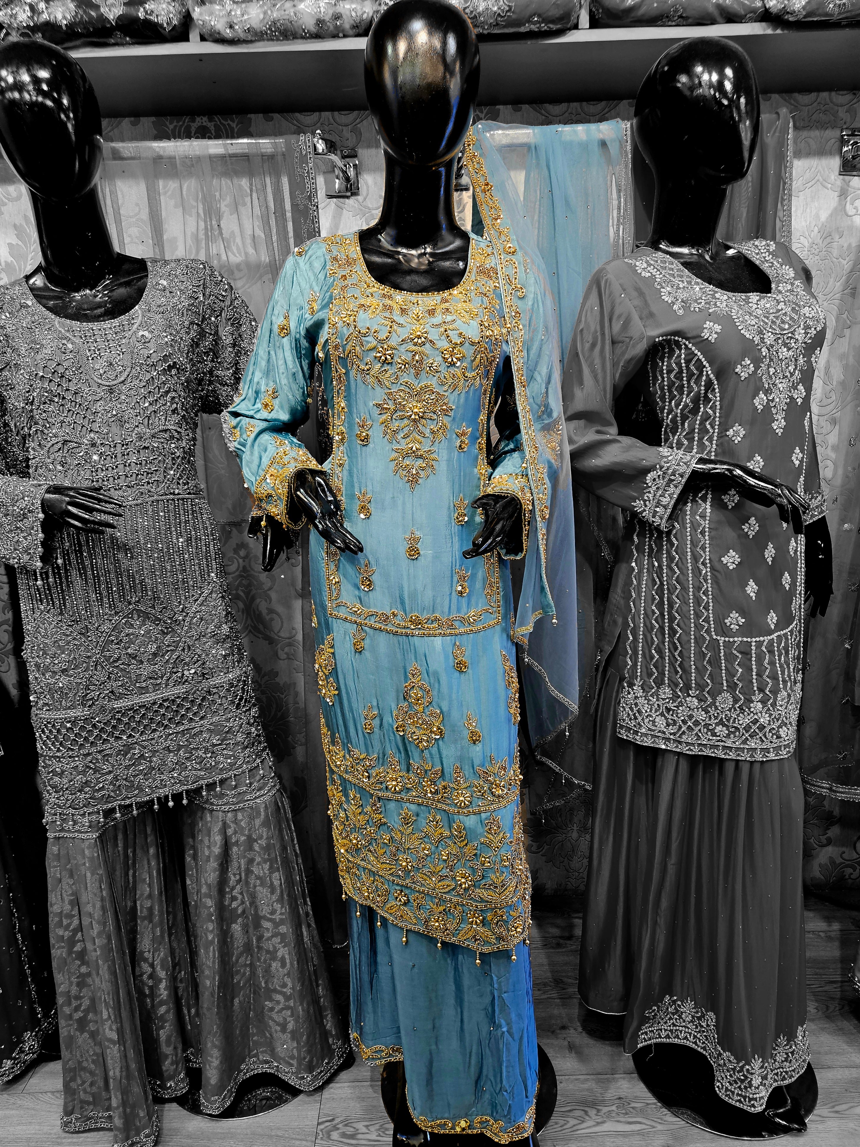 Pale teal and antique gold hand embroidered palazzo suit