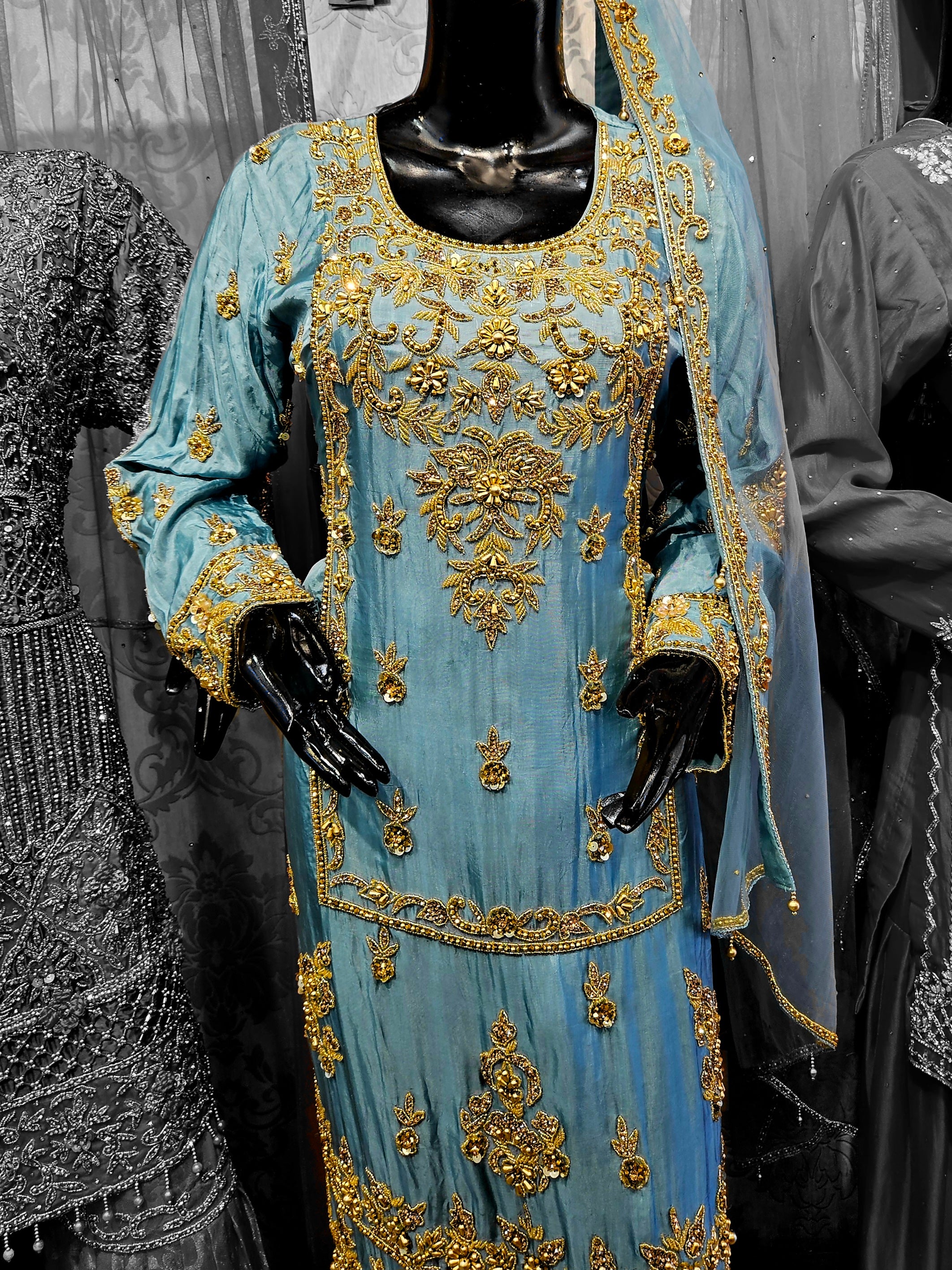 Pale teal and antique gold hand embroidered palazzo suit
