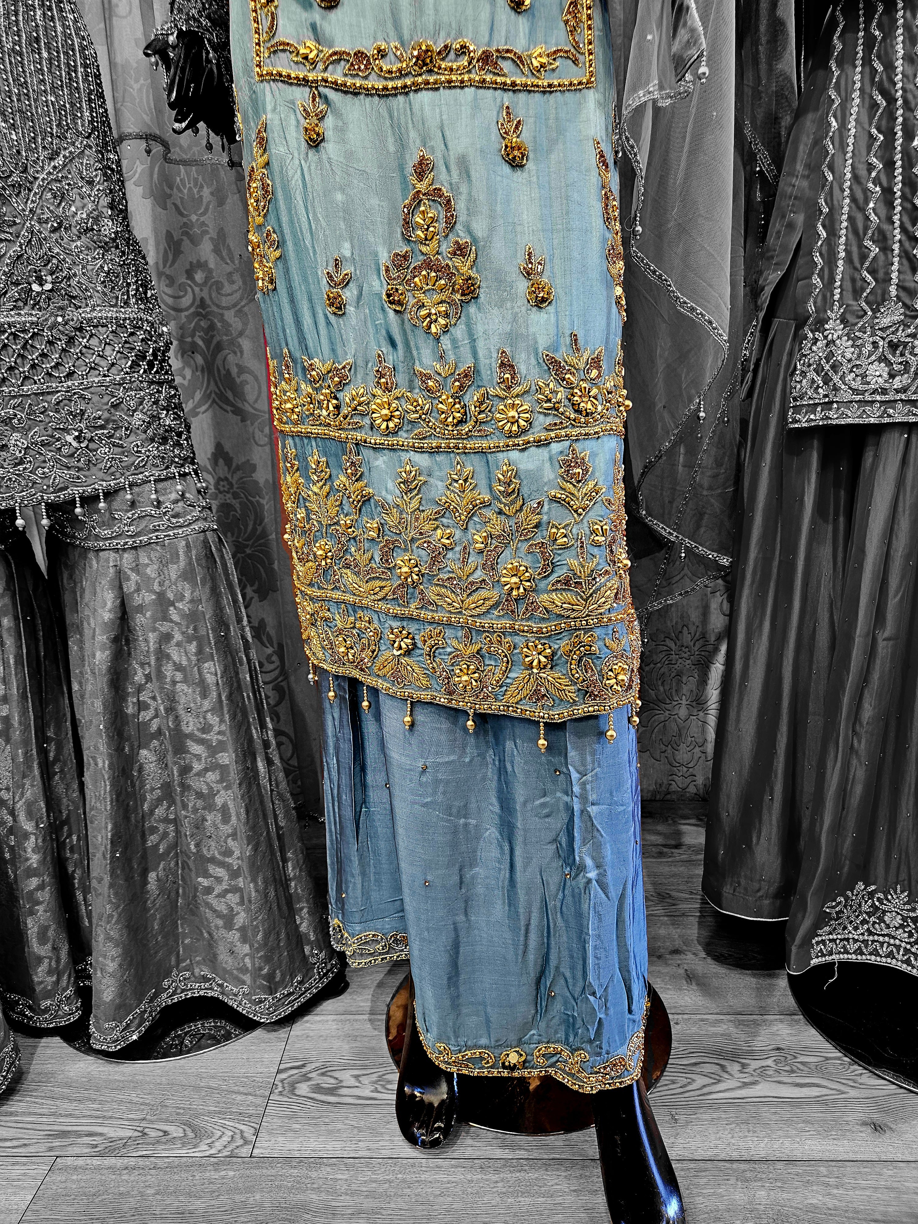 Pale teal and antique gold hand embroidered palazzo suit