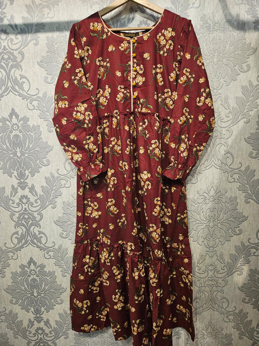 Women's Casual Cotton Dress - Maroon and Beige Floral Print Summer Holiday Vacation Dress