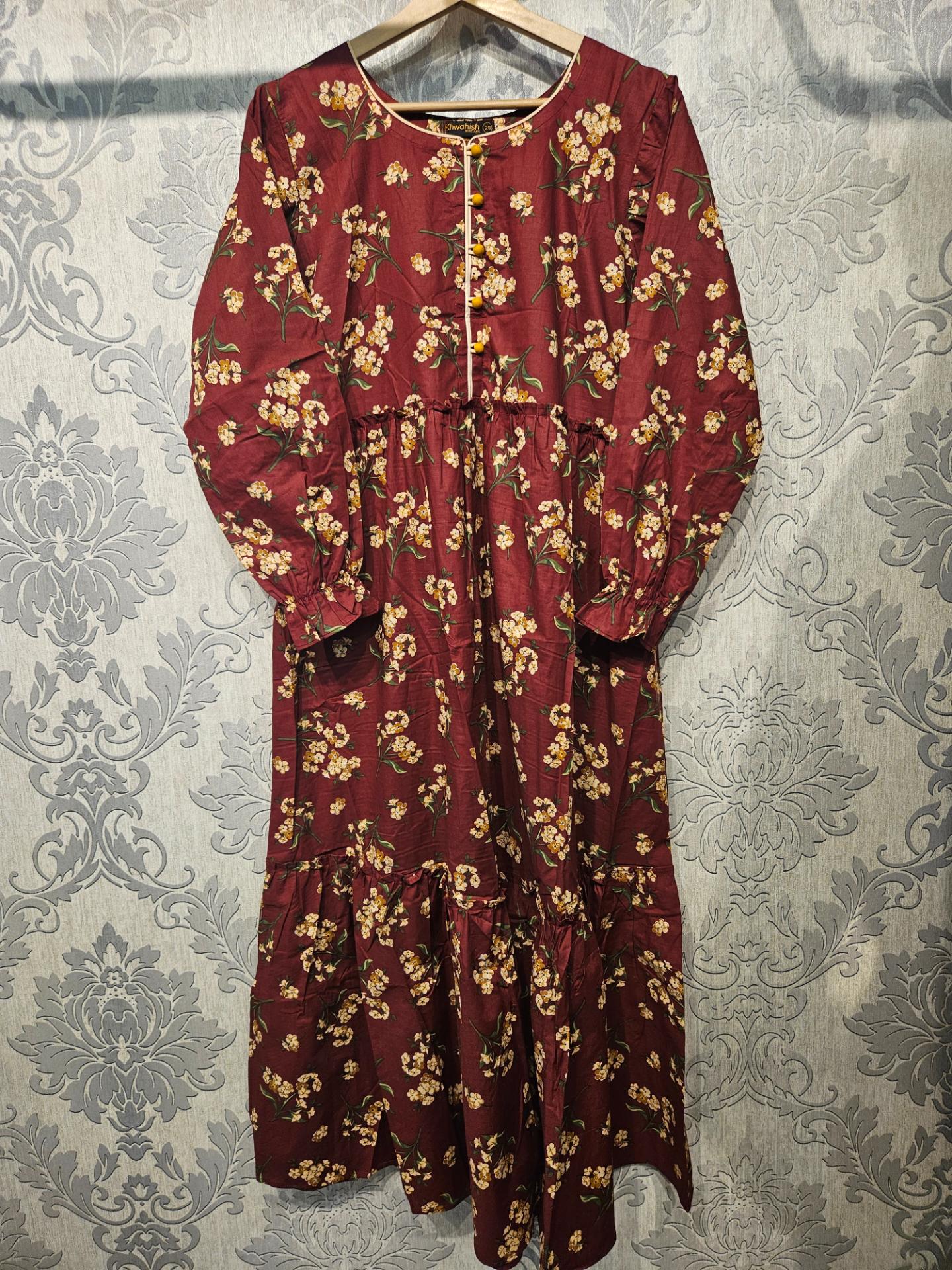 Women's Casual Cotton Dress - Maroon and Beige Floral Print Summer Holiday Vacation Dress