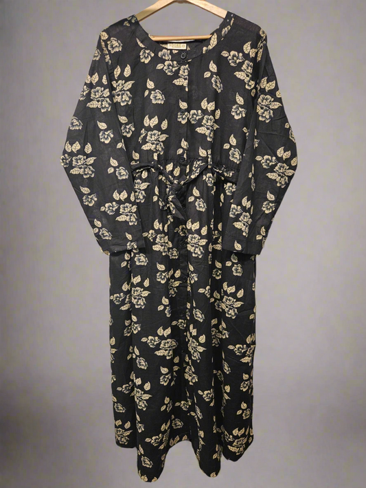 Women's Casual Cotton Dress - Black and Cream Floral Print Summer Holiday Vacation Dress