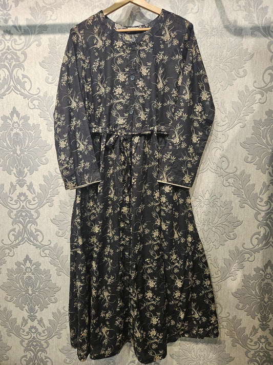 Women's Casual Cotton Dress - Black and Beige Floral Print Summer Holiday Vacation Dress