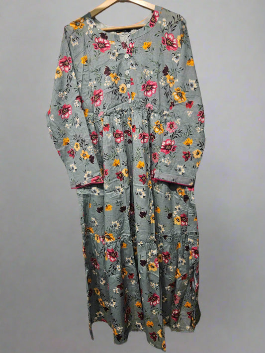Women's Casual Cotton Dress - Sage and Peach Floral Print Summer Holiday Vacation Dress