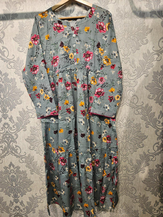 Women's Casual Cotton Dress - Sage and Peach Floral Print Summer Holiday Vacation Dress