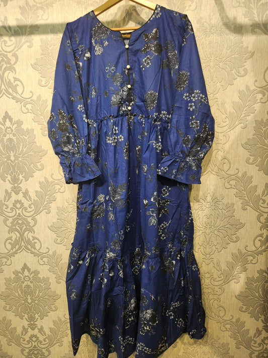 Women's Casual Cotton Dress - Navy Blue and Grey Floral Print Summer Holiday Vacation Dress