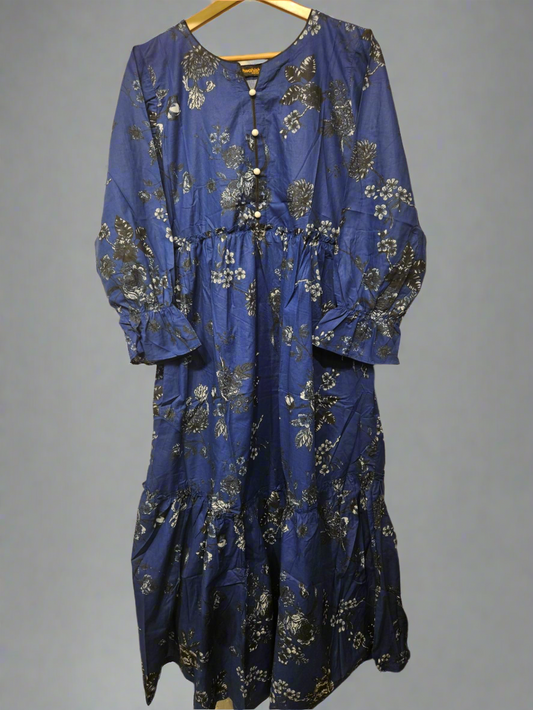 Women's Casual Cotton Dress - Navy Blue and Grey Floral Print Summer Holiday Vacation Dress