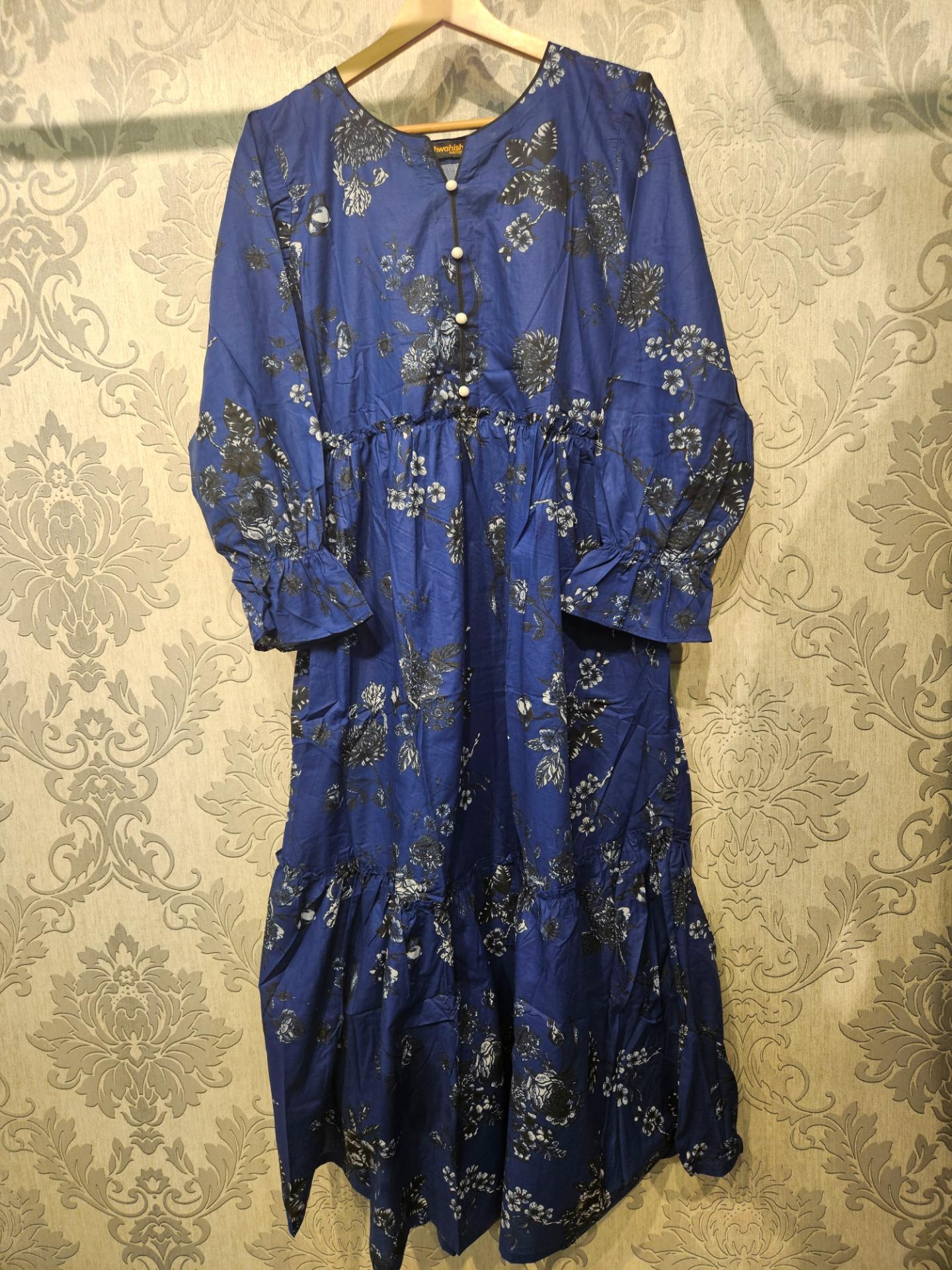 Women's Casual Cotton Dress - Navy Blue and Grey Floral Print Summer Holiday Vacation Dress