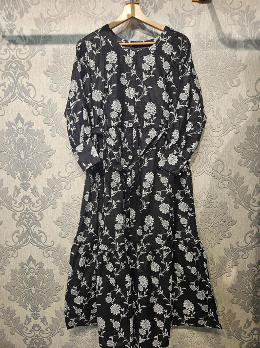 Women's Casual Cotton Dress - Black and White Floral Print Summer Holiday Vacation Dress