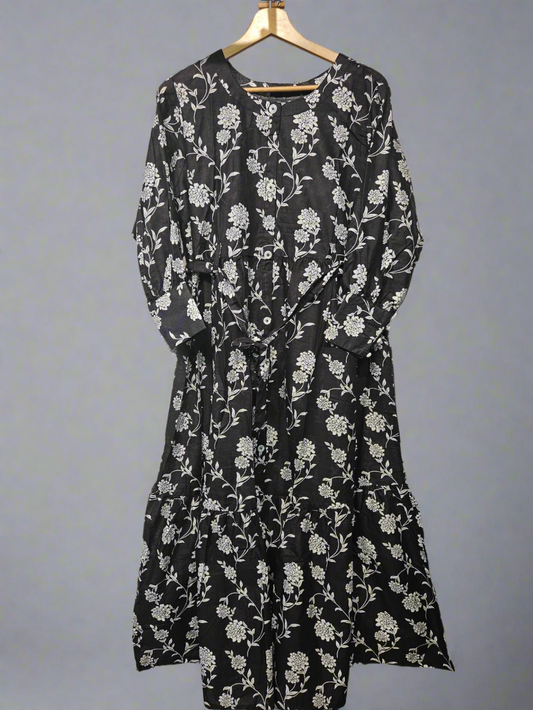 Women's Casual Cotton Dress - Black and White Floral Print Summer Holiday Vacation Dress
