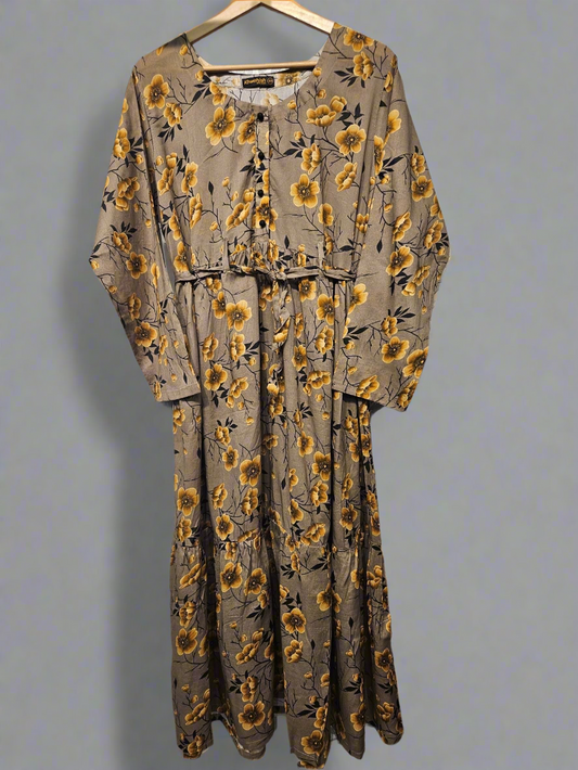 Women's Casual Cotton Dress - Wheat Floral Print Summer Holiday Vacation Dress