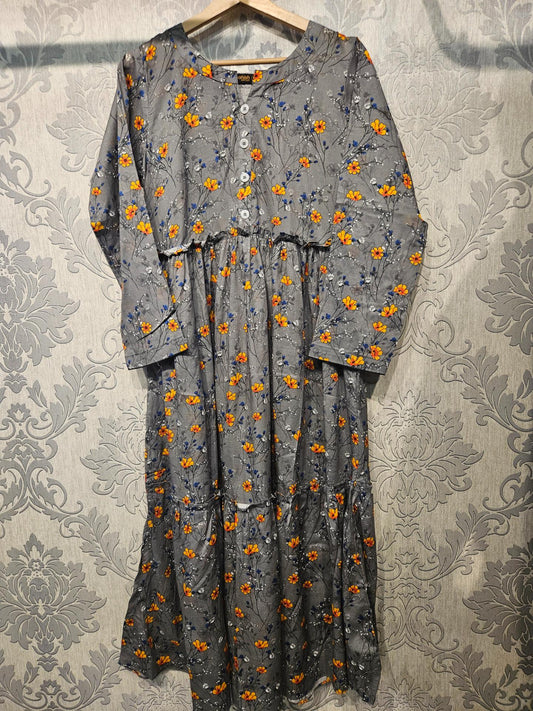 Women's Casual Cotton Dress - Grey Blue Orange Floral Print Summer Holiday Vacation Dress
