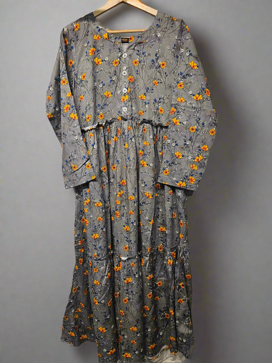 Women's Casual Cotton Dress - Grey Blue Orange Floral Print Summer Holiday Vacation Dress