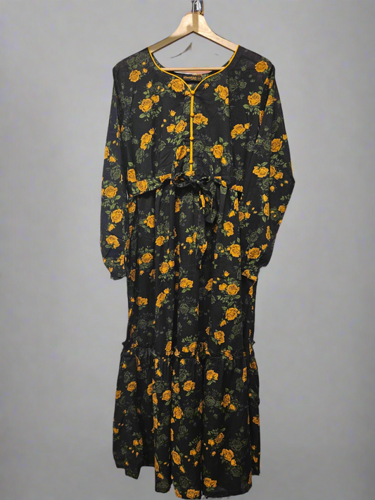 Women's Casual Cotton Dress - Black Beige Green Floral Print Summer Holiday Vacation Dress