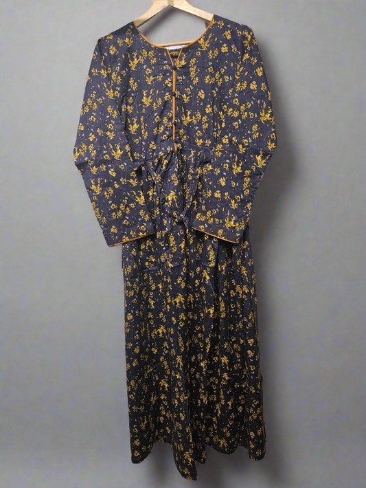 Women's Casual Cotton Dress - Navy Blue & Yellow Floral Print Summer Holiday Vacation Dress