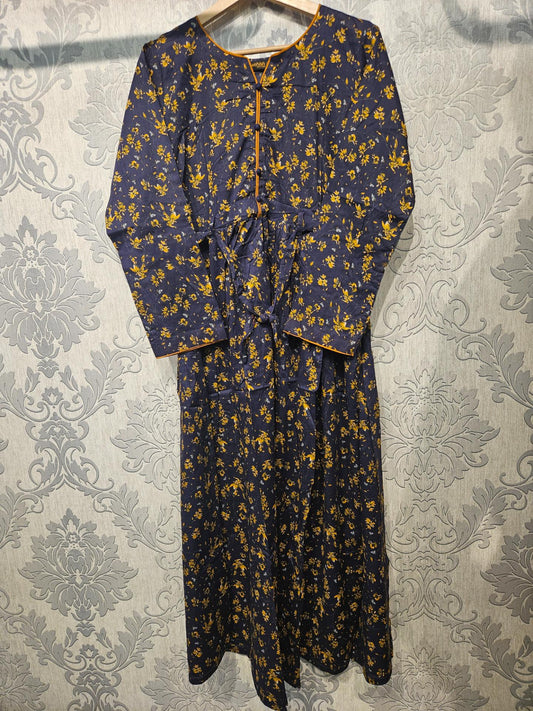 Women's Casual Cotton Dress - Navy Blue & Yellow Floral Print Summer Holiday Vacation Dress