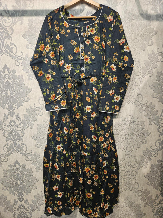 Women's Casual Cotton Dress - Charcoal and Brown Floral Print Summer Holiday Vacation Dress