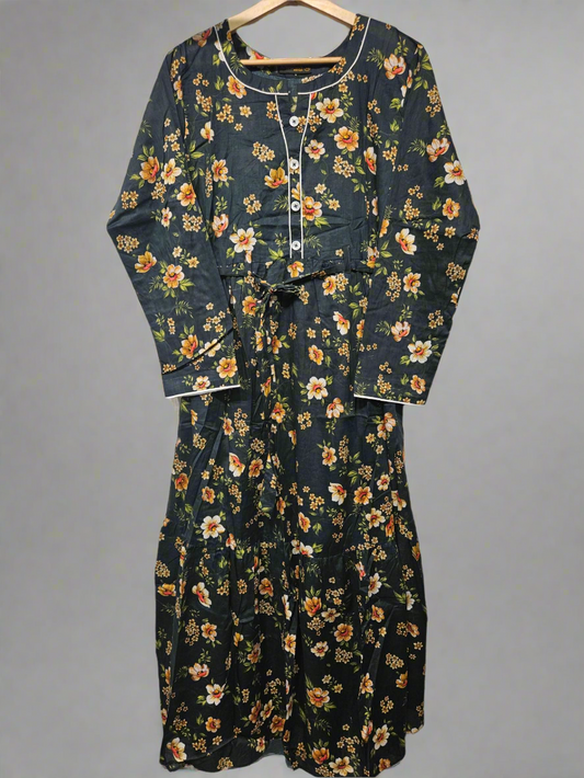 Women's Casual Cotton Dress - Charcoal and Brown Floral Print Summer Holiday Vacation Dress