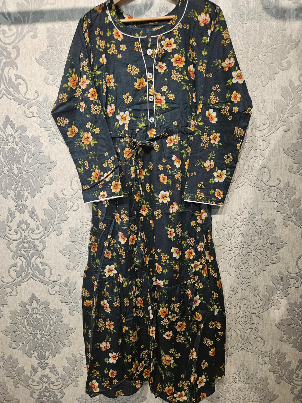Women's Casual Cotton Dress - Charcoal and Brown Floral Print Summer Holiday Vacation Dress
