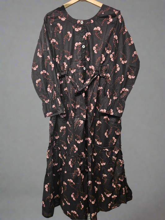 Women's Casual Cotton Dress - Black and Lilac Floral Print Summer Holiday Vacation Dress