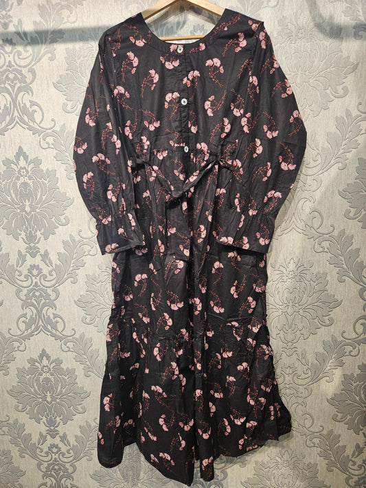 Women's Casual Cotton Dress - Black and Lilac Floral Print Summer Holiday Vacation Dress