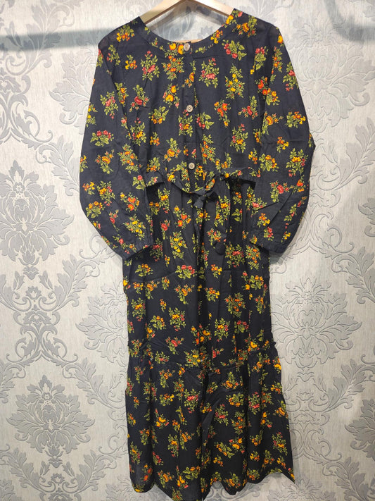 Women's Casual Cotton Dress - Black Orange Green Floral Print Summer Holiday Vacation Dress