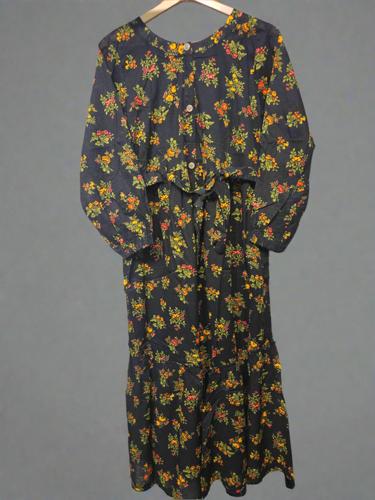 Women's Casual Cotton Dress - Black Orange Green Floral Print Summer Holiday Vacation Dress