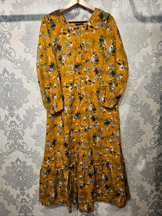 Women's Casual Cotton Dress - Mustard and Green Floral Print Summer Holiday Vacation Dress