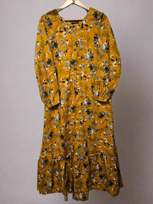 Women's Casual Cotton Dress - Mustard and Green Floral Print Summer Holiday Vacation Dress