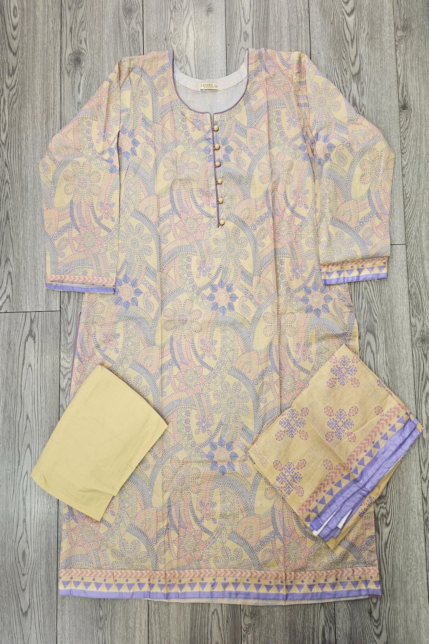 ALK Cream & Purple Geometric Shalwar Kameez | Cotton Pakistani Suit (M-7XL)
