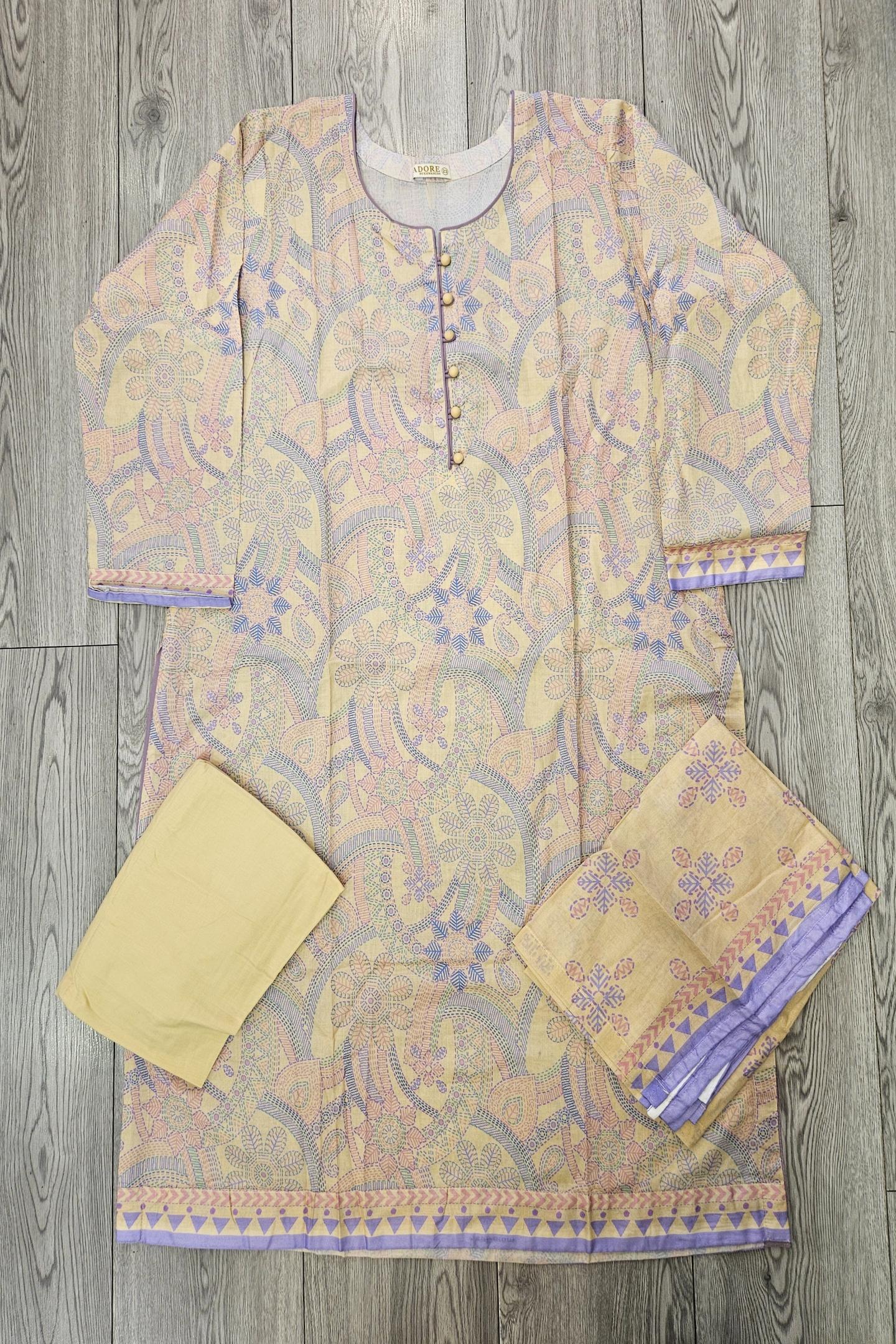 ALK Cream & Purple Geometric Shalwar Kameez | Cotton Pakistani Suit (M-7XL)