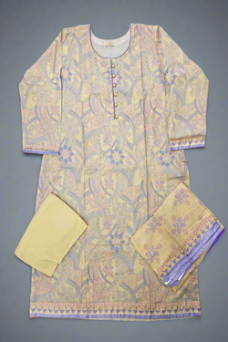 ALK Cream & Purple Geometric Shalwar Kameez | Cotton Pakistani Suit (M-7XL)