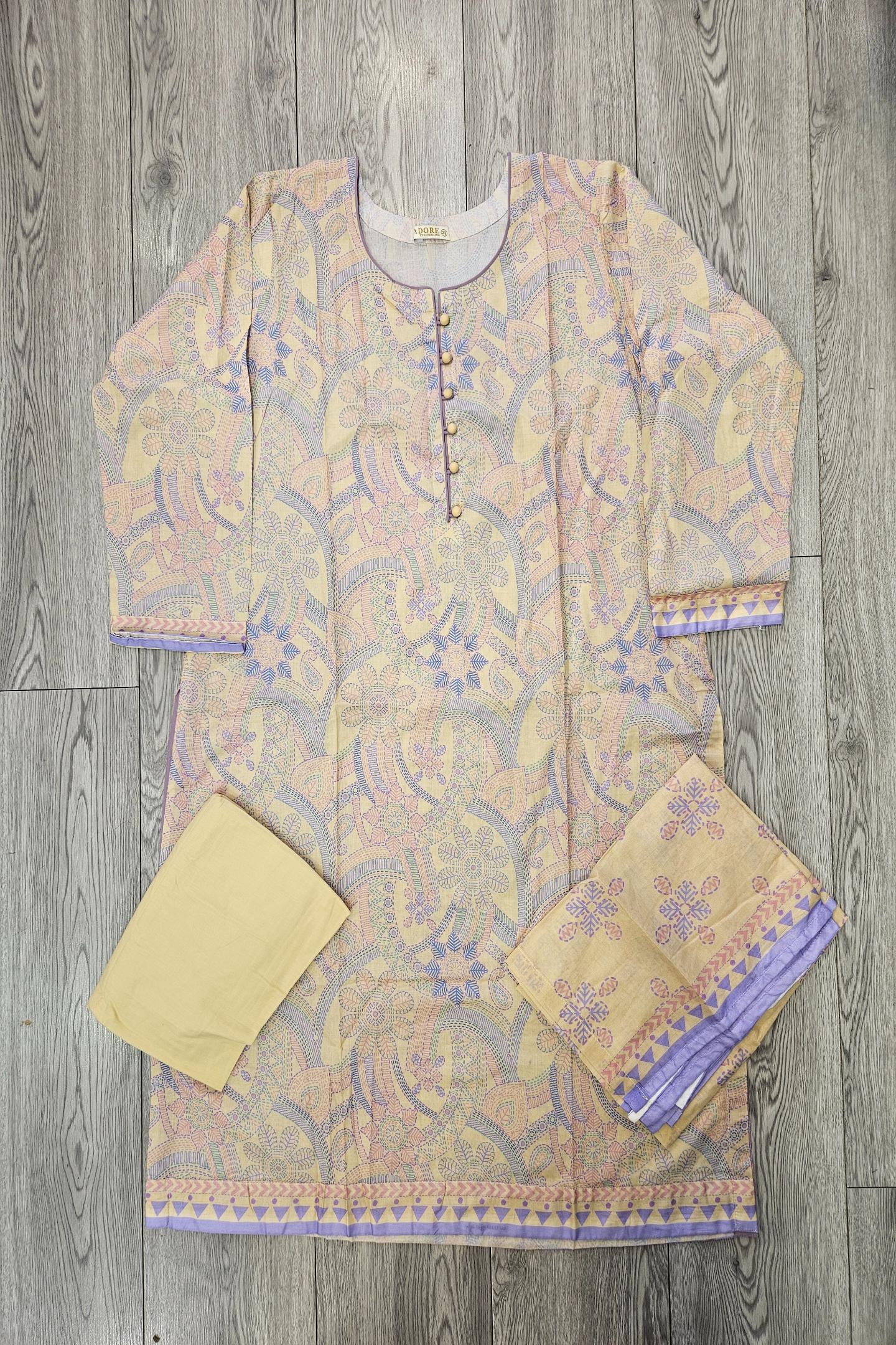 ALK Cream & Purple Geometric Shalwar Kameez | Cotton Pakistani Suit (M-7XL)