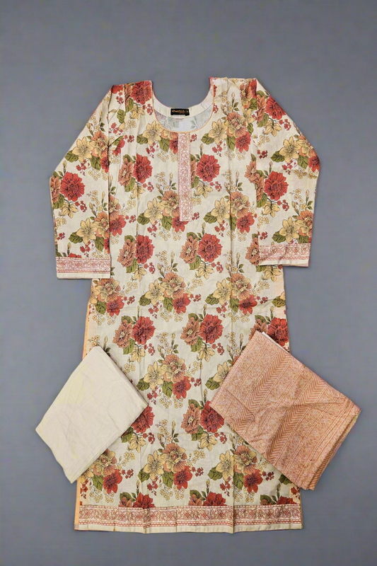 ALK Pakistani Suit: Cream Pink Floral Print Shalwar Kameez in Cotton (Sizes to 7XL)