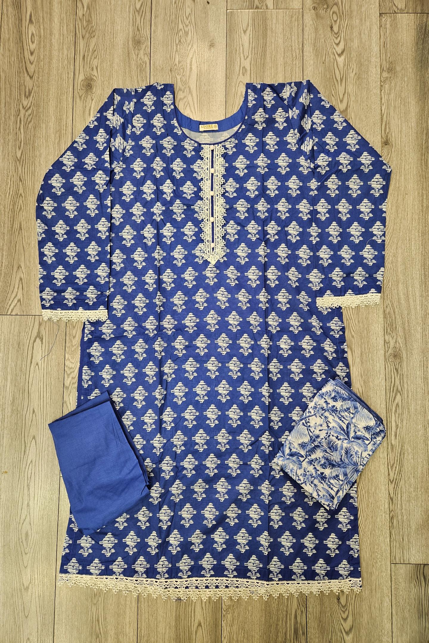 ALK Royal Blue & White Geometric Shalwar Kameez | Cotton Pakistani Suit (M-7XL)