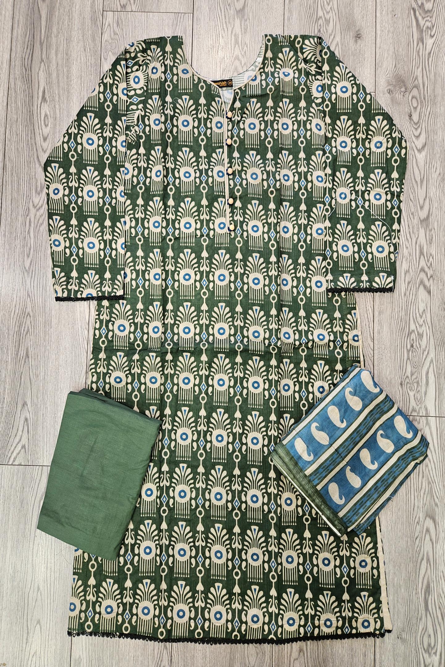 ALK Olive Green & Blue Paisley Shalwar Kameez | Cotton Pakistani Suit (M-7XL)