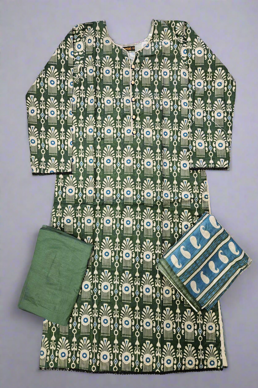 ALK Olive Green & Blue Paisley Shalwar Kameez | Cotton Pakistani Suit (M-7XL)