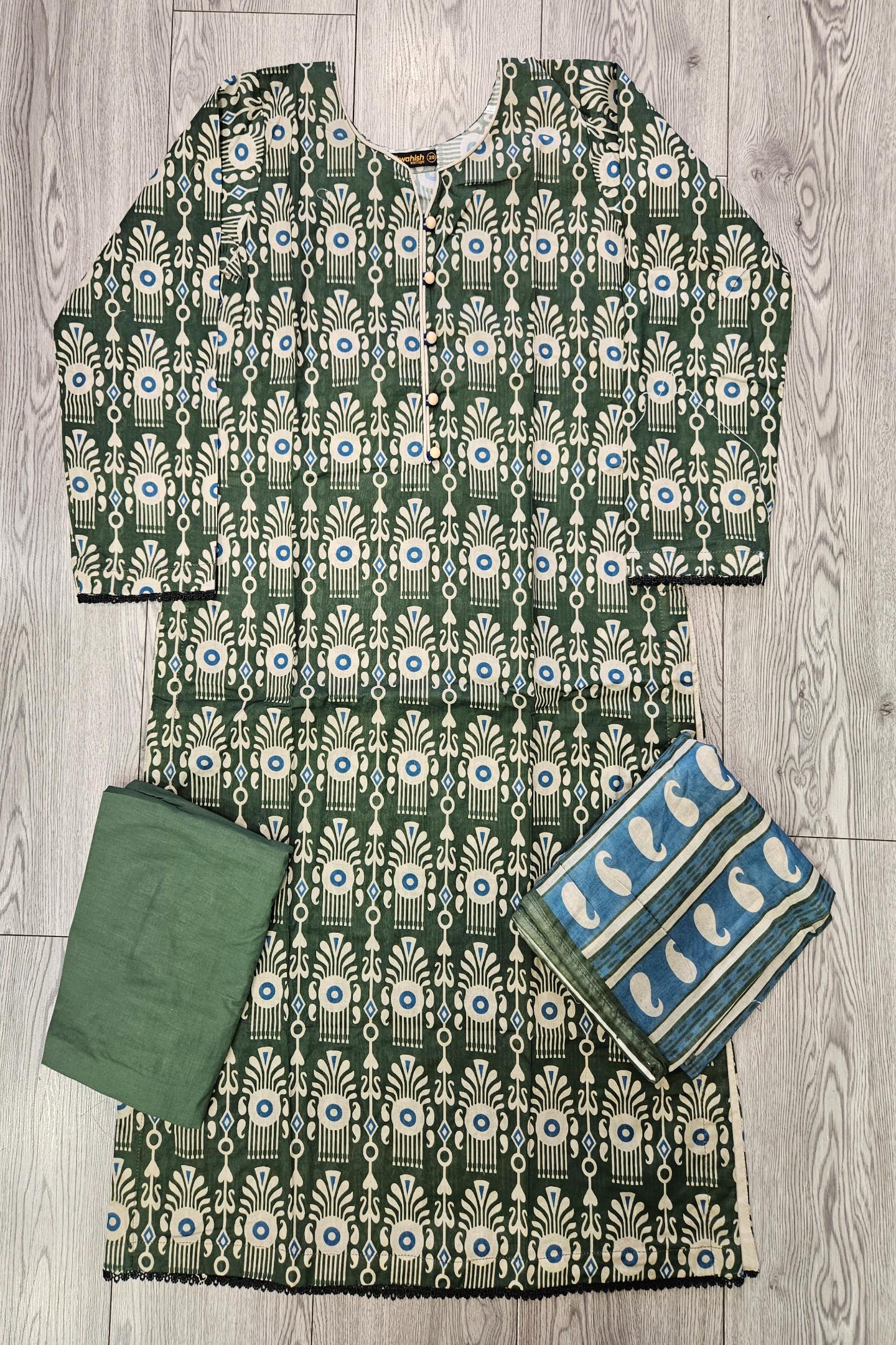 ALK Olive Green & Blue Paisley Shalwar Kameez | Cotton Pakistani Suit (M-7XL)