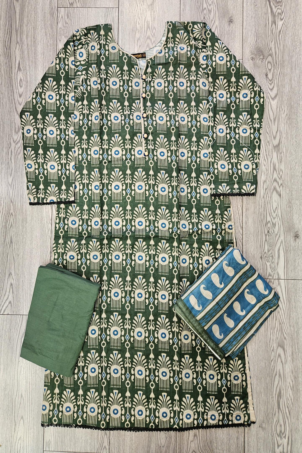 ALK Olive Green & Blue Paisley Shalwar Kameez | Cotton Pakistani Suit (M-7XL)